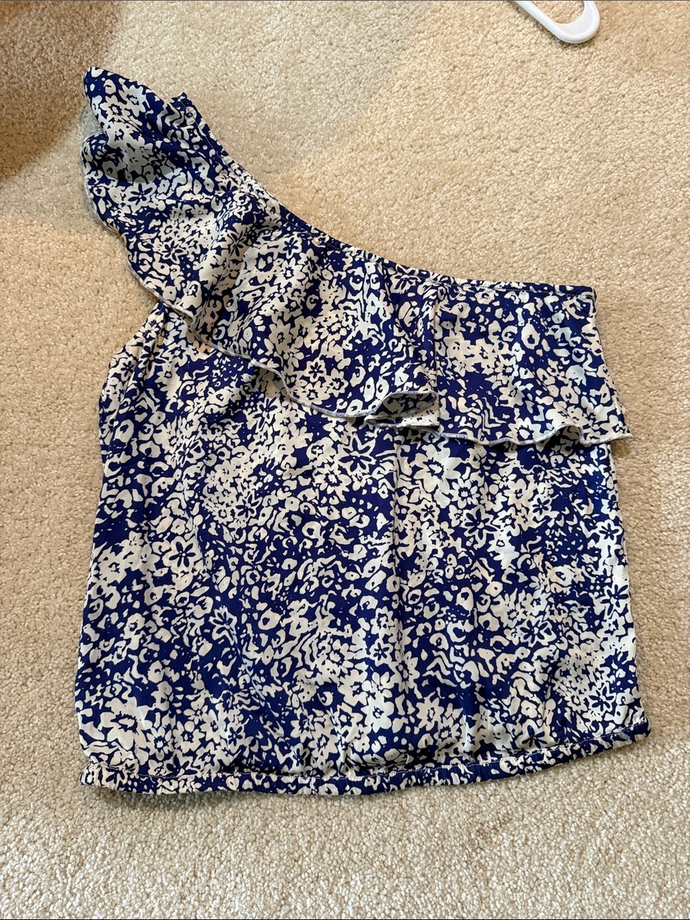 American Eagle Outfitters Blue and White One-Shoulder Ruffle Tank
